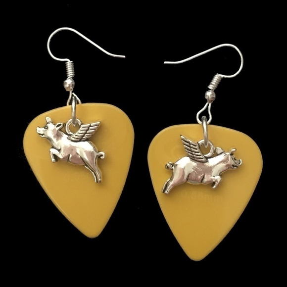 HAND Crafted Drop Earrings When Pigs Can Fly Repurposed Guitar Picks - Picture 1 of 6